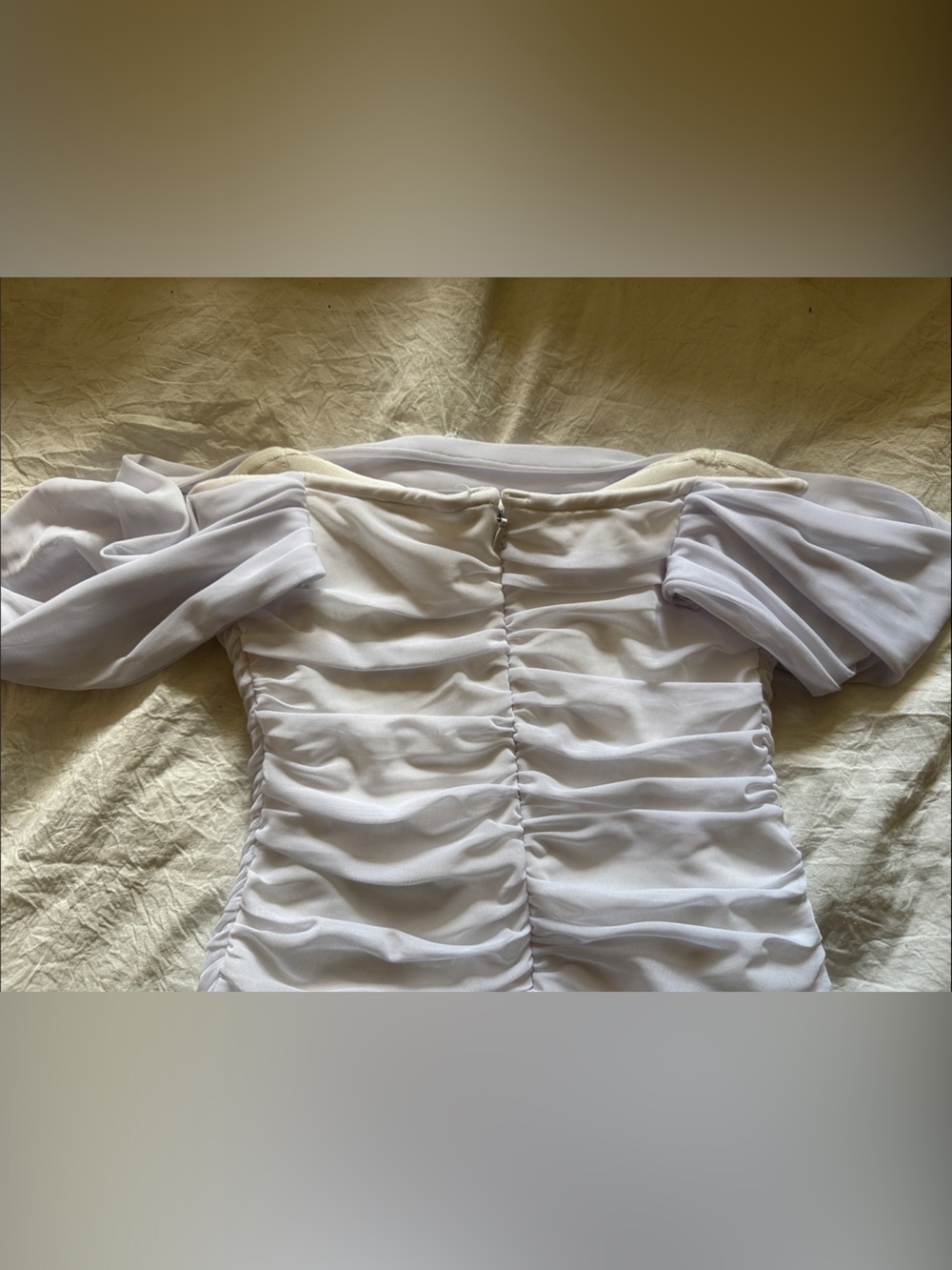 Off-Shoulder Ruched White Midi Dress - Picture 7 of 8